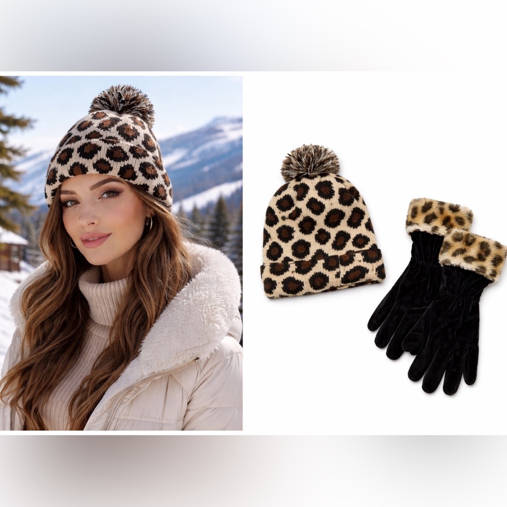 Bundle, Black and Brown Leopard Print Beanie and mittens
